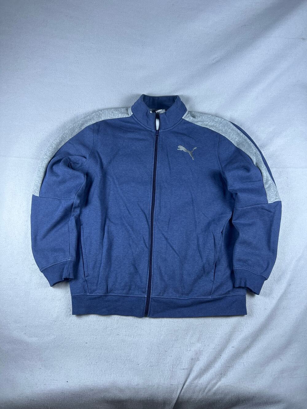 Puma Track Jacket Mens L Blue Gray Full Zip Mock Neck Fleece Athletic Sports
